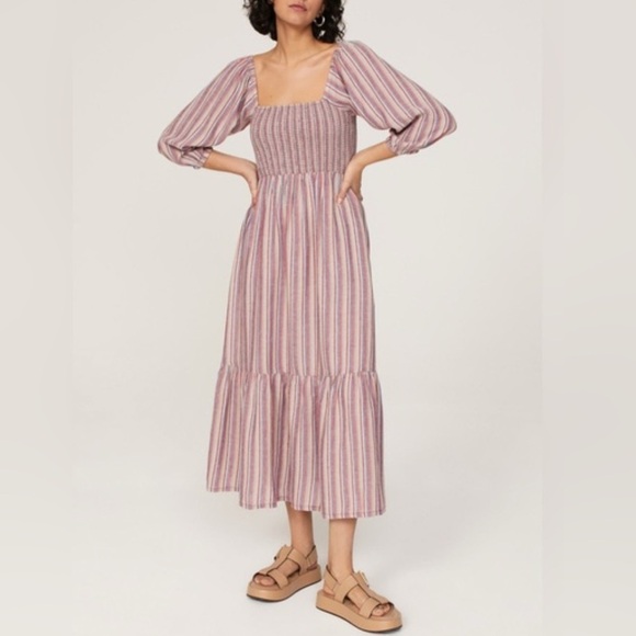 Marine Layer Ivy Smocked Linen Blend Striped Maxi Dress in Brick XS - Picture 1 of 14